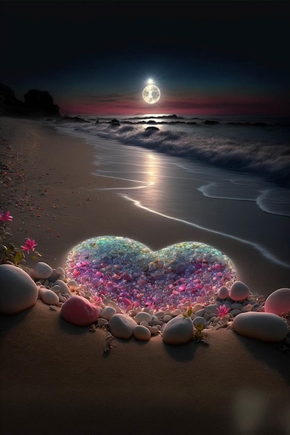 Heart shaped object sitting on top of a sandy beach generative ai