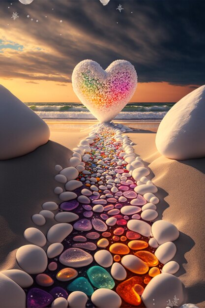 Heart shaped object sitting on top of a sandy beach generative ai