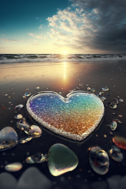Объект в форме сердца на вершине песчаного пляжа Generative Ai