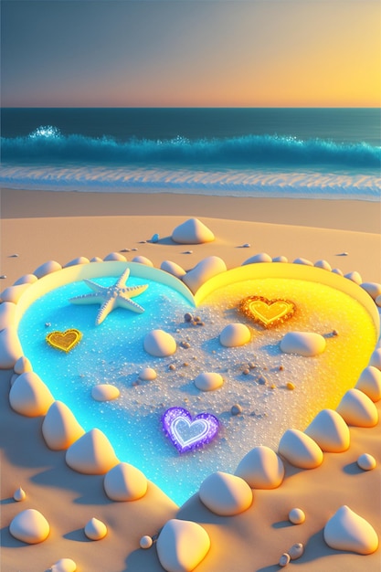 Heart shaped object sitting on top of a sandy beach generative ai