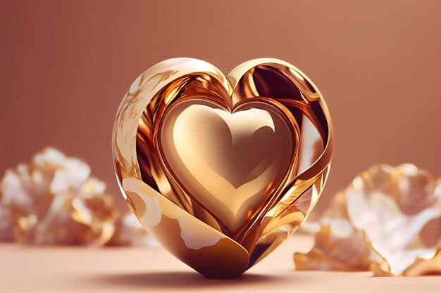 Объект в форме сердца с золотым и белым цветами находится перед коричневым фоном.