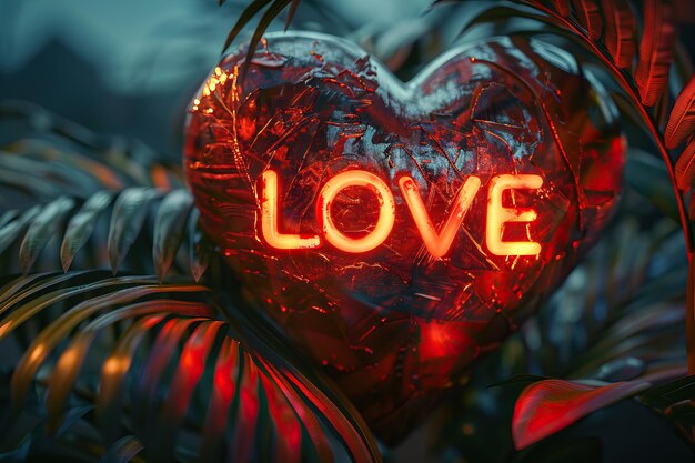 Photo a heart shaped object with a lit up word