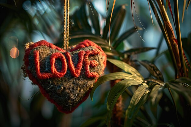 Photo a heart shaped object with red thread and text