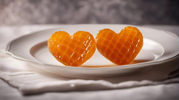 コピースペースのある白い皿に心の形のオレンジ色のゼリーキャンディー
