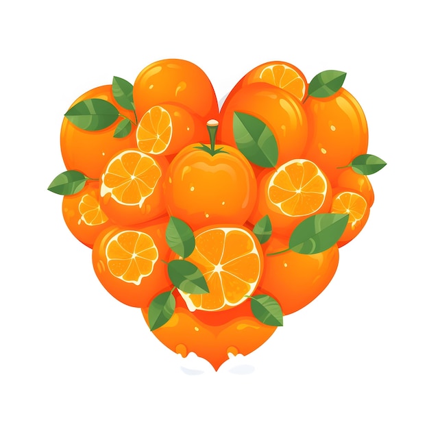 A heart shaped oranges with green leaves and the word oranges on it