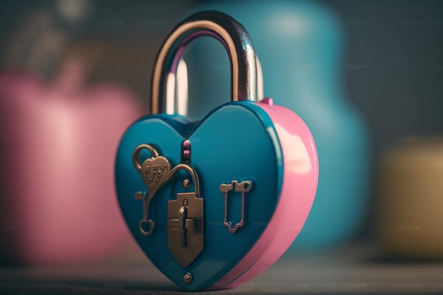 A heart shaped padlock with a key and key lock on it