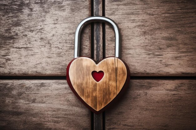 A heart shaped padlock on a wood surface