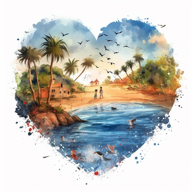 A heart shaped painting of a beach with a beach and palm trees in the center.