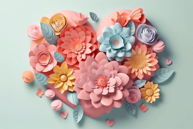 A heart shaped paper flower arrangement with pink and yellow flowers.