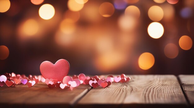 a heart shaped paper heart sits on a wooden table with a christmas lights in the background.