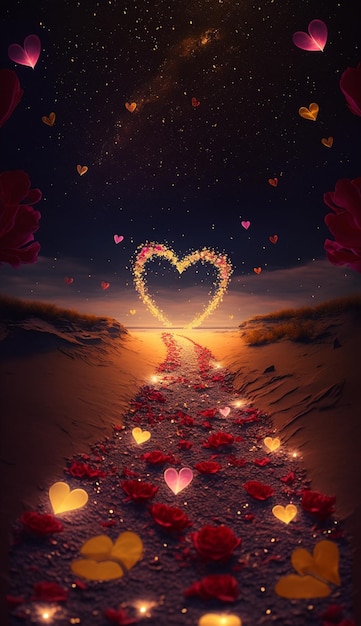 A heart shaped path with lights and the words love on it