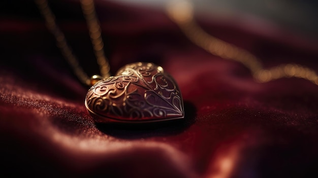 A heart shaped pendant sits on a red cloth.