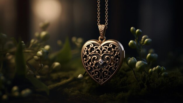 Photo a heart shaped pendant with a diamond on it sitting in the grass ai