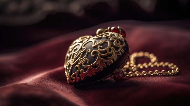 A heart shaped pendant with a red stone on it sits on a red velvet surface.