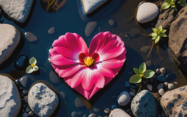 Heart shaped petal on the ground with rocks