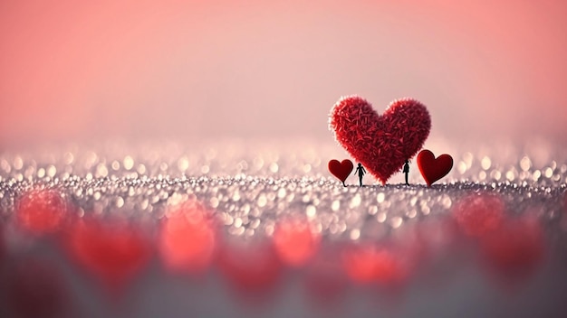 A heart shaped photo of a couple standing in a field with red hearts on the ground