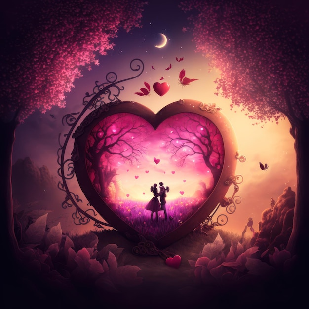 A heart shaped picture of a couple kissing in a heart shaped frame.