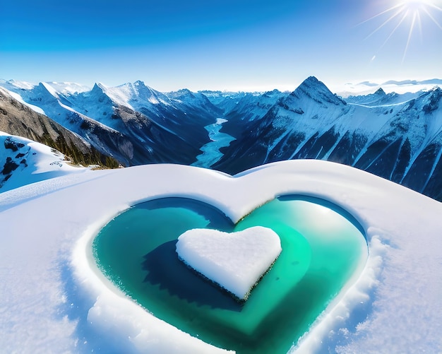 a heart shaped piece of ice with mountains in the background