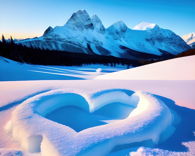 a heart shaped piece of ice with mountains in the background