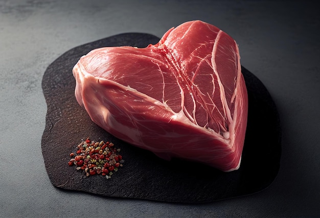A heart shaped piece of meat sits on a black cutting board