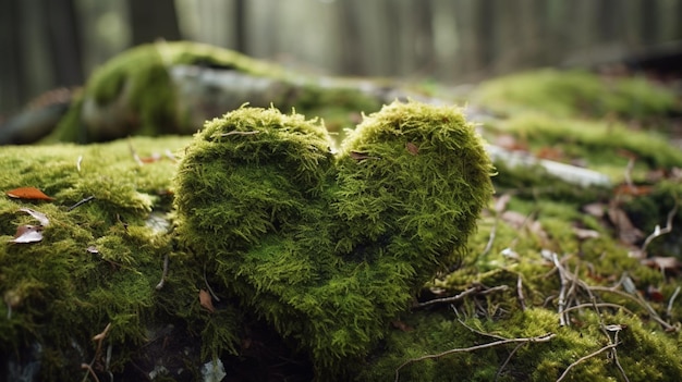 A heart shaped piece of moss is on a mossy surface.