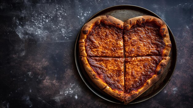Heart shaped pizza on light table for romantic dinner top view with copy space for text placement