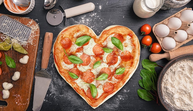 Heart shaped pizza for valentine's day dinner