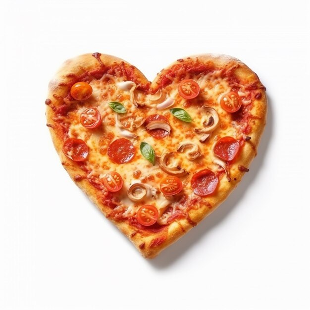 Heart shaped pizza for valentines Day on slate on White Background