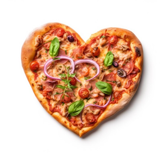 A heart shaped pizza with a red onion and olives on it