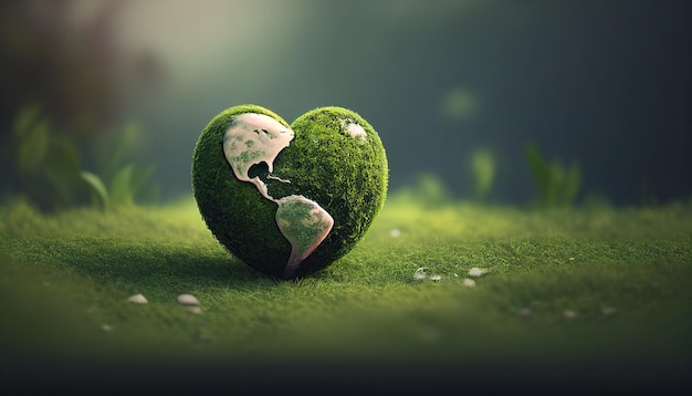 Планета в форме сердца на зеленом лугу на день земли