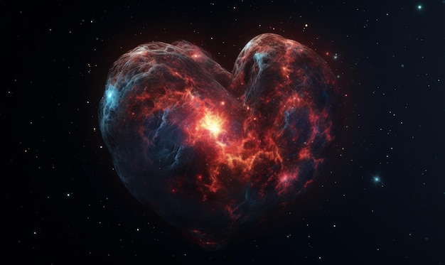 A heart shaped planet with a nebula in the background.
