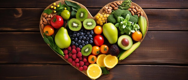 a heart shaped plate filled with lots of different fruits and vegetables