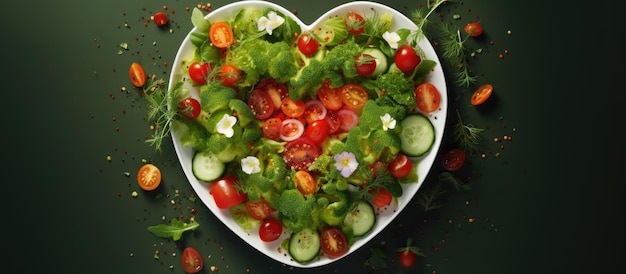 Тарелка в форме сердца со свежим веганским салатом и редисом микрогрин