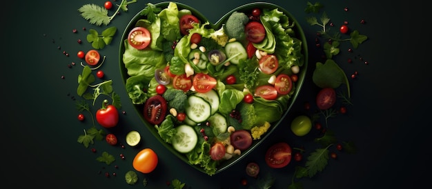 Heart shaped plate with fresh vegan salad and microgreen radishes