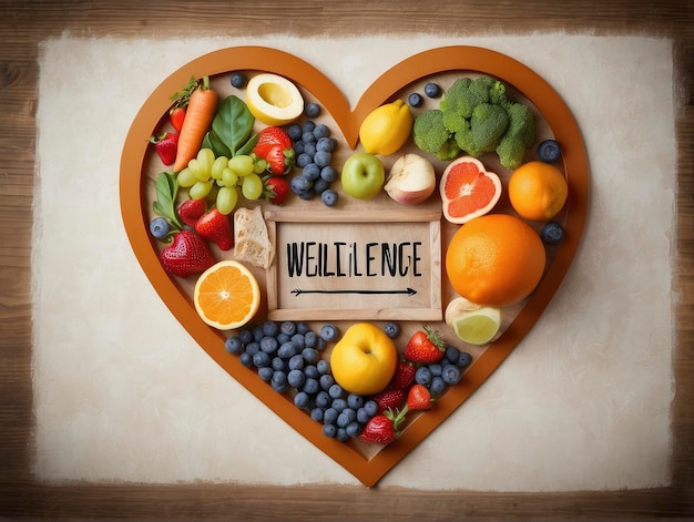 a heart shaped plate with a sign that says well balanced surrounded by fruits and vegetables