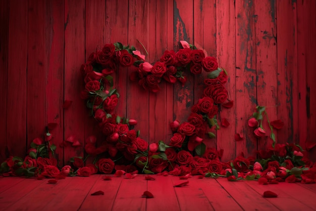 Heart shaped red rose arrangement on red background