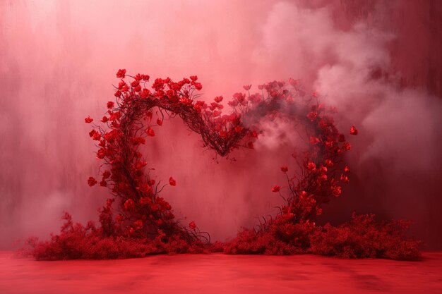 Heart shaped red rose arrangement on red background