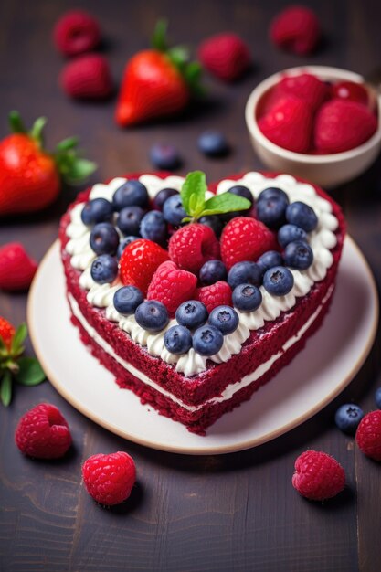 Heart shaped red velvet cake decorated with berries for Valentine's day on dark background Tasty hom