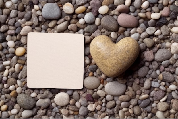 Heart shaped rock and a card on the beach