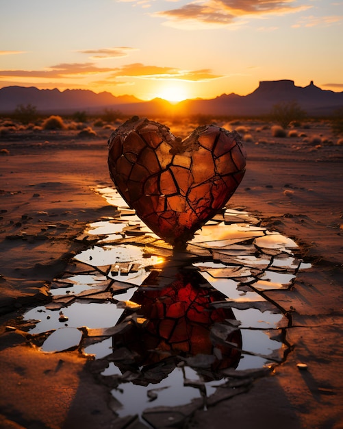 Foto roccia a forma di cuore nel deserto al tramonto