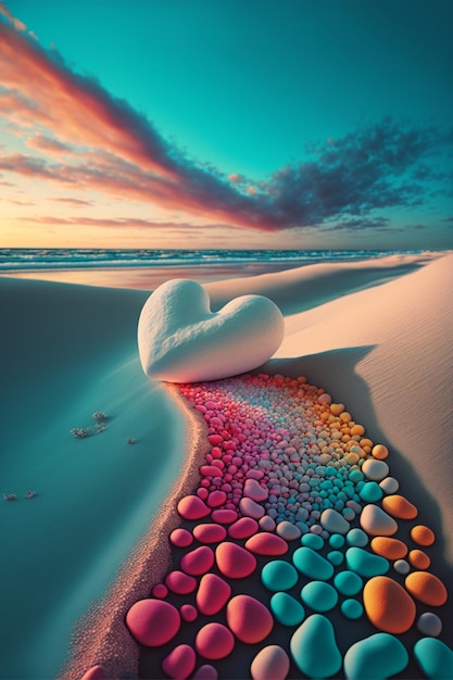 Heart shaped rock sitting on top of a sandy beach generative ai