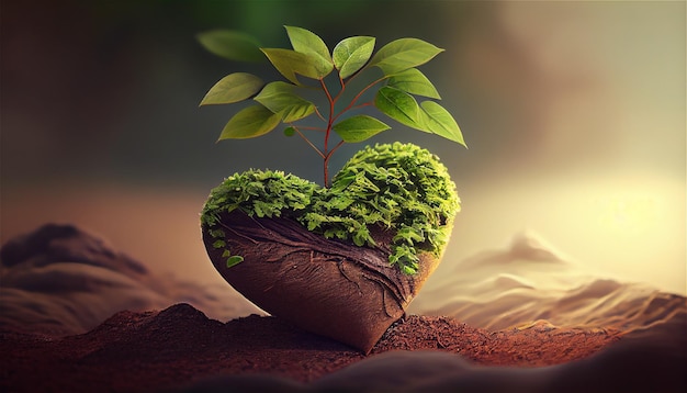 Photo a heart shaped rock with a plant growing out of it.