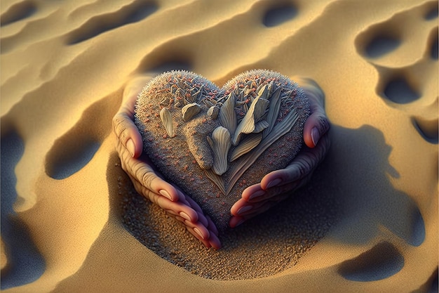 a heart shaped sand with the words  love  on it