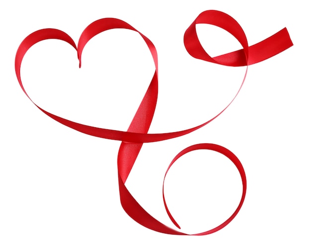 Photo heart shaped shiny red satin ribbon isolated on white