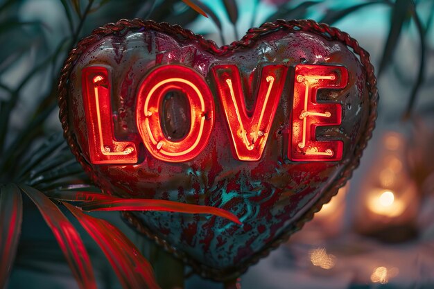 Photo a heart shaped sign with a red light