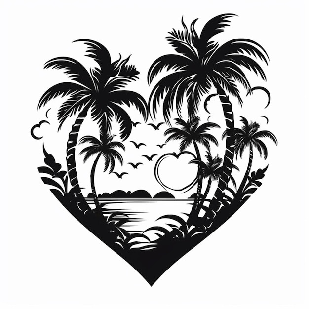 A heart shaped silhouette of palm trees and a beach with a heart generative ai