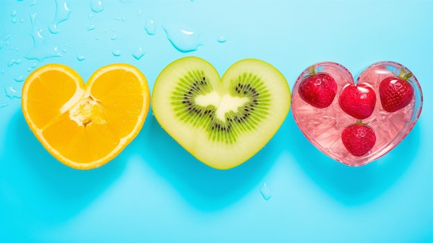 a heart shaped slice of kiwi and kiwi are arranged in a heart shape