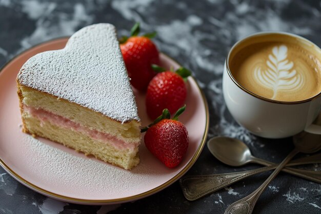 Heart shaped sponge cake with strawberry and cup of coffee