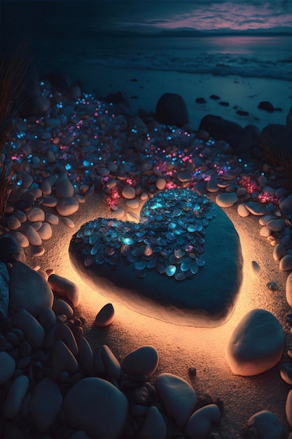 Heart shaped stone sitting on top of a beach generative ai