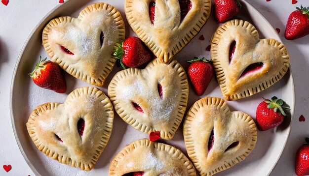 Heart shaped strawberry hand pies homemade treats for Valentines Day overhead shot